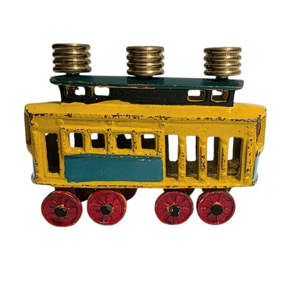 Vintage Kids Menorah Street Cars Train Hanukkah Judaica Trolley Cast Iron Brass - Picture 3 of 12